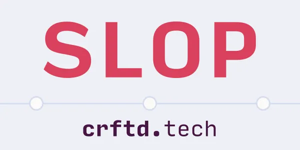 A rectangular sticker with crftd.tech at the bottom and the top reads "SLOP" in bold pink letters on a light lilac background